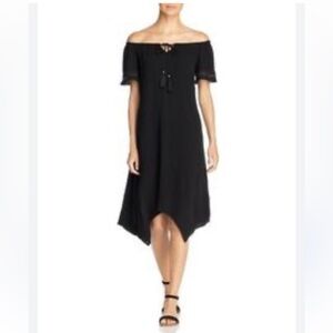 Off Shoulder Dress‎ Black Handkerchief Hem Tassel Tie Casual Midi